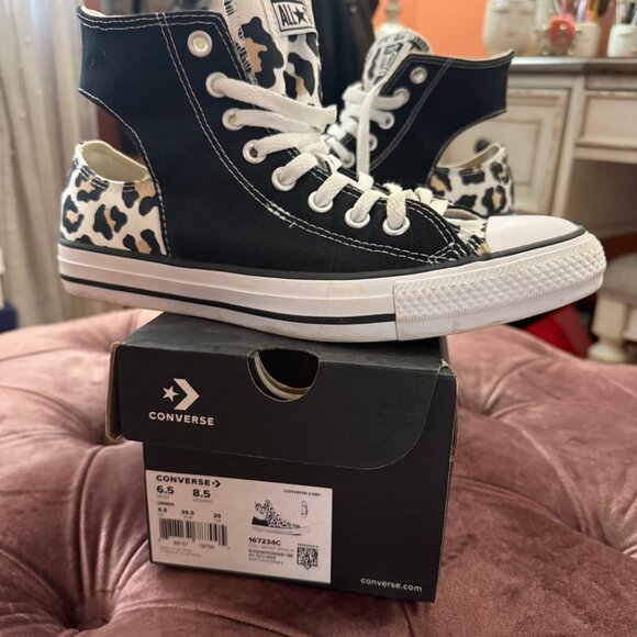 CONVERSE - ALL STAR  - HIGHTOP/CUT OUT - WOMENS - BLACK AND LEOPARD *RARE* - Picture 2 of 6
